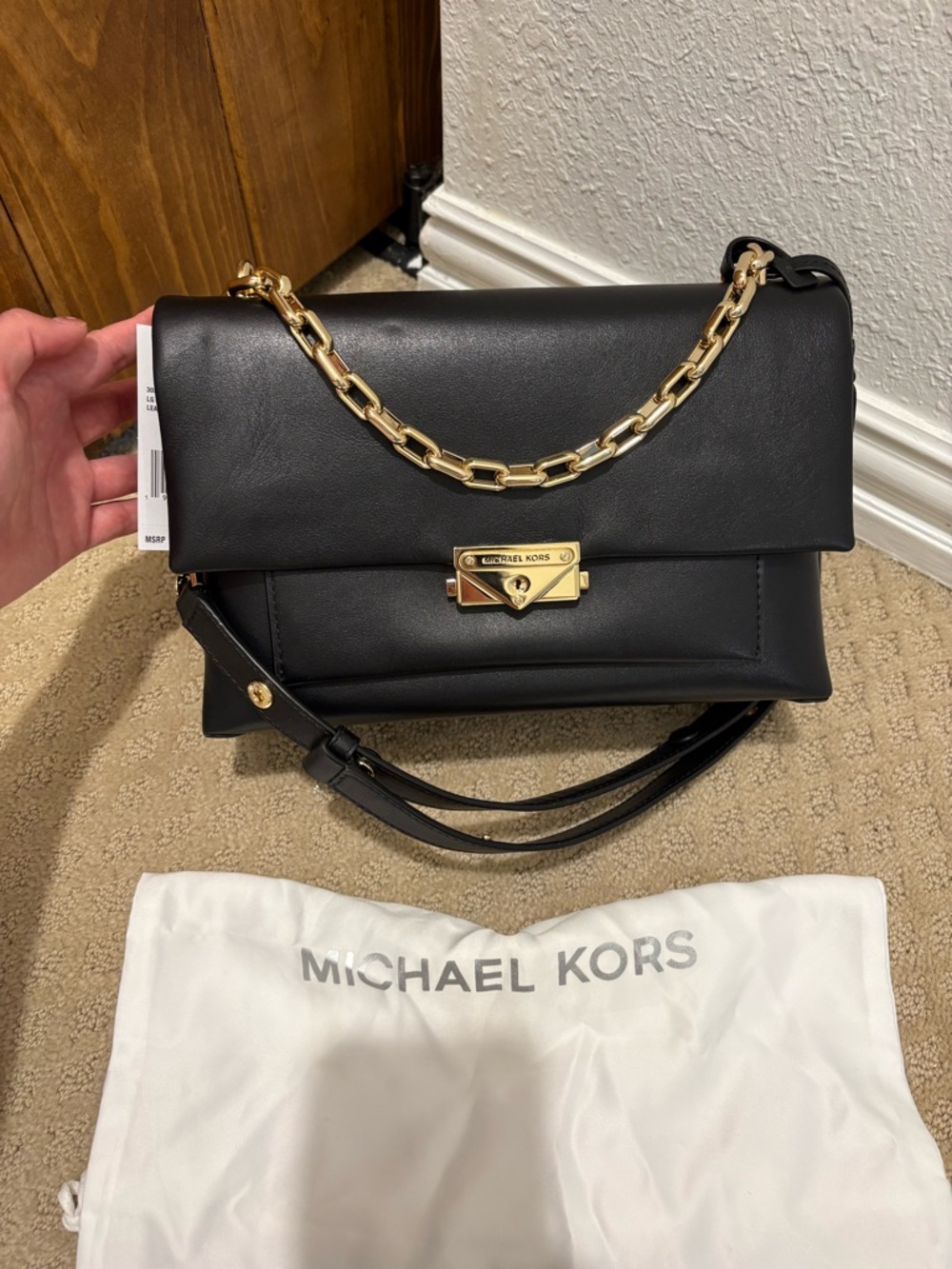 Michael Kors Black Leather Shoulder Bag with Gold Chain